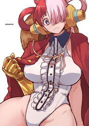  aosora2823 artist_name asymmetrical_bangs blush borrowed_clothes breasts bright_pupils center_frills collared_leotard female frills gold_gloves groin hair_over_one_eye hair_rings hat hat_on_back headphones highres large_breasts leotard looking_at_viewer multicolored_hair one_eye_covered one_piece one_piece_film:_red open_clothes open_shirt pink_hair purple_eyes red_hair red_shirt shirt simple_background skindentation solo split-color_hair straw_hat uta_(one_piece) white_background white_leotard white_pupils 