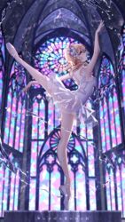  arm_up artist_name back ballerina ballet ballet_slippers bare_arms bare_shoulders blonde_hair blurry blurry_background blush breasts chinese_commentary church commentary curvy dancing en_pointe female floating_hair flower from_side full_body genshin_impact hair_flower hair_ornament highres indoors leg_ribbon leg_up leotard looking_at_viewer looking_up lumine_(genshin_impact) medium_breasts medium_hair open_mouth profile ribbon see-through see-through_skirt skirt solo stained_glass standing standing_on_one_leg strapless strapless_leotard tiptoes tutu water water_drop white_flower white_footwear white_leotard white_ribbon white_skirt woodsbench yellow_eyes 