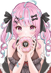  absurdres ahoge alternate_costume bandaid bandaid_hair_ornament biting black_bow black_bowtie black_ribbon black_socks blue_hair blunt_bangs blush bow bowtie breasts center_frills clothing_cutout coat_partially_removed cosplay doughnut dress drill_hair female food frilled_shirt frills grey_shirt hair_ornament hair_ribbon hairclip heart-shaped_lock heart_cutout highres holding holding_food hololive jirai_kei large_breasts long_hair looking_at_viewer minato_aqua money multicolored_hair oyuharu pink_eyes pink_hair ribbon sakamata_chloe sakamata_chloe_(cosplay) sakamata_chloe_(jirai_kei) shirt simple_background sleeveless sleeveless_dress sleeveless_shirt socks solo streaked_hair tucked_money twin_drills twintails two-tone_hair upper_body virtual_youtuber white_background x_hair_ornament 