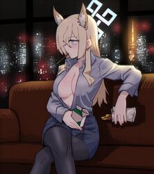  animal_ear_fluff animal_ears black_pantyhose blonde_hair blue_archive blue_eyes blue_halo blue_shirt blush breasts cityscape cleavage collared_shirt commentary_request couch dog_ears dog_girl extra_ears feet_out_of_frame female food food_in_mouth halo kanna_(blue_archive) large_breasts long_hair long_sleeves night notched_ear on_couch pantyhose pencil_skirt pocky pocky_in_mouth shirt sitting skirt solo twoj 