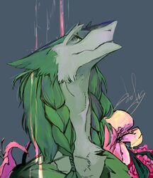  2019 akrolayn ambiguous_gender anthro braided_hair bust_portrait cheek_tuft countershading digital_media_(artwork) digital_painting_(artwork) facial_tuft flower fur green_body green_eyes green_fur grey_background grey_body grey_countershading grey_fur hair hi_res leaf leaking looking_up mammal multicolored_body multicolored_fur pink_flower plant portrait sergal signature simple_background solo tuft twin_braids twintails two_tone_body two_tone_fur 