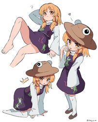  :p ? all_fours arm_behind_head arm_up artist_name barefoot blonde_hair brown_footwear brown_headwear clothes_lift commentary feet female hand_to_own_mouth hat highres knee_up legs lying moriya_suwako multiple_views nail_polish on_back panties panty_peek purple_skirt purple_vest pyonta ramudia_(lamyun) shirt shoes short_hair skirt skirt_lift standing symbol-only_commentary thighhighs thighs toenail_polish toenails toes tongue tongue_out touhou underwear vest white_panties white_shirt white_thighhighs yellow_eyes 