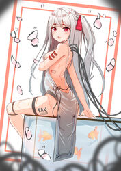  absurdres arm_support back backless_dress backless_outfit bad_id bad_pixiv_id barcode barcode_tattoo bare_arms bow breasts cable canizzz dress female fish goldfish hairbow highres long_hair looking_at_viewer medium_breasts one_side_up open_mouth original red_bow red_eyes see-through sideboob signature sitting solo tattoo thigh_strap water_drop wet white_hair 