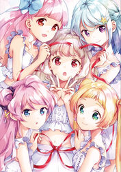  5girls :o aikatsu!_(series) aikatsu_friends! aikatsu_on_parade! blonde_hair blue_bow blue_eyes blue_hair blunt_bangs bow braid breasts butterfly_hair_ornament chono_maika cleavage closed_mouth commentary_request double_v earrings french_braid green_eyes hair_bun hair_down hair_intakes hair_ornament hair_scrunchie highres hinata_ema_(aikatsu_friends!) jewelry kiseki_raki light_brown_hair long_hair looking_at_viewer midriff minato_mio multicolored_hair multiple_girls navel open_mouth orange_hair pajamas pink_hair purple_eyes purple_hair red_eyes red_ribbon ribbon scrunchie short_hair single_hair_bun sleeveless smile sparkle star_(symbol) star_hair_ornament todo-akira triangle_earrings twintails v yuki_aine 