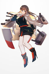  akai_kagerou belt black_footwear black_skirt breasts brown_eyes brown_hair female gloves hand_up high_heels highres jacket jacket_on_shoulders karl_wilhelm_ferdinand_(steelblue_mirage) large_breasts long_sleeves necktie pencil_skirt photoshop_(medium) red_necktie simple_background skirt smile solo standing steelblue_mirage turret uniform warship_girls_r white_background white_gloves 