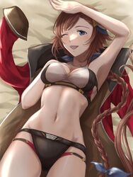  arm_up armpits beach bikini black_bikini blue_eyes braid braided_ponytail breasts brown_hair coat commentary female from_above granblue_fantasy hair_ornament hand_on_own_chest leona_(granblue_fantasy) long_hair looking_at_viewer lying medium_breasts mismatched_bikini multi-strapped_bikini navel on_back one_eye_closed open_mouth red_coat rei_(happily-blue-butterfly) short_hair single_braid smile solo swimsuit very_long_hair white_bikini 