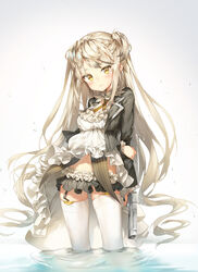  absurdres arm_behind_back arm_grab black_jacket blush breasts brown_eyes cleavage closed_mouth commentary_request desert_eagle desert_eagle_(girls&#039;_frontline) dress female garter_straps girls&#039;_frontline gun handgun highres holding holding_gun holding_weapon jacket light_brown_hair long_hair long_sleeves looking_at_viewer medium_breasts mokew name_connection navel object_namesake open_clothes open_jacket sidelocks solo thighhighs two_side_up very_long_hair wading water weapon white_background white_dress white_thighhighs 