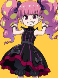  awa bakugan bakugan:_battle_planet black_dress bloomers bow china_riot commentary_request dress female grin hairbow long_hair looking_at_viewer purple_eyes purple_hair sharp_teeth simple_background smile solo teeth twintails underwear 