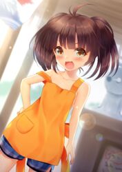  akine_(kuroyuri) apron bemani blurry blurry_background breasts brown_hair collarbone commentary_request female highres lens_flare looking_at_viewer medium_hair open_mouth shorts small_breasts solo sound_voltex sweat yamashina_kanade yellow_eyes 