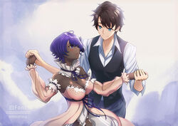  absurdres bare_shoulders black_hair black_pants black_vest blue_eyes blush breasts cleavage commentary_request dancing dark_skin detached_sleeves dress fate/grand_order fate/grand_order_waltz_in_the_moonlight/lostroom fate_(series) female fujimaru_ritsuka_(male) fujimaru_ritsuka_(male)_(anniversary_blonde) hassan_of_serenity_(fate) hassan_of_serenity_(lostroom_outfit)_(fate) highres large_breasts open_mouth pants pink_dress purple_eyes purple_hair shiro_font shirt short_hair smile twitter_username very_dark_skin vest white_shirt 