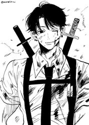  1boy black_necktie bleeding blood blood_from_eyes blood_on_clothes blood_on_face chainsaw_man chest_belt collared_shirt ear_piercing greyscale highres holding holding_sword holding_weapon injury katana kishibe_(chainsaw_man) kishibe_(young)_(chainsaw_man) looking_at_viewer male_focus mmmiaa monochrome necktie one_eye_closed piercing scar scar_on_face shirt short_hair simple_background sleeves_rolled_up solo sword weapon white_background 