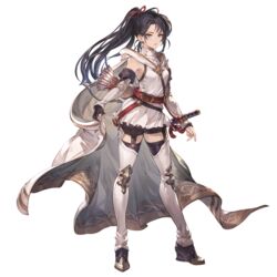  arrow_(projectile) black_hair blue_eyes bow_(weapon) breasts cape cape_hold closed_mouth detached_sleeves female fingerless_gloves full_body gloves granblue_fantasy long_hair looking_at_viewer minaba_hideo official_art pants ponytail quiver shirt shitori_(granblue_fantasy) simple_background single_glove small_breasts solo sword transparent_background weapon white_shirt 