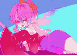  artist_name blue_background bow feet_out_of_frame female hair_between_eyes hairbow heart heart-shaped_pupils highres japanese_clothes kimono komakusa_sannyo looking_at_viewer lying makihako_bunko off_shoulder ponytail purple_hair purple_skirt red_bow red_eyes red_kimono skirt smoking solo symbol-shaped_pupils thighs touhou wavy_hair wide_sleeves 