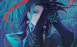  1boy black_hair blue_eyes blue_hair chinese_clothes commentary_request earrings expressionless eyeshadow fate/grand_order fate_(series) gloves halo jewelry long_hair long_sleeves looking_at_viewer makeup male_focus multicolored_eyes multicolored_hair own_hands_together red_eyes red_eyeshadow red_ribbon ribbon sei_8220 solo taisui_xingjun_(fate) upper_body 