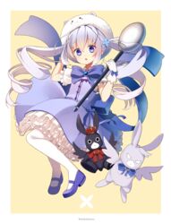  animal anko_(gochiusa) blue_bow blue_dress blue_eyes blue_footwear blue_hair bow collared_shirt commentary_request crown dress frilled_dress frills gloves gochuumon_wa_usagi_desu_ka? hair_between_eyes hair_ornament highres holding holding_spoon kafuu_chino long_hair magical_girl makadamixa mini_crown oversized_object pantyhose puffy_short_sleeves puffy_sleeves rabbit red_bow shirt shoes short_sleeves sleeveless sleeveless_dress spoon tippy_(gochiusa) twintails very_long_hair white_gloves white_legwear white_shirt wild_geese winged_animal x_hair_ornament 