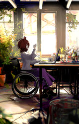  agnes_tachyon_(umamusume) ahoge alcohol_burner animal_ears brown_eyes brown_hair chef_no_kimagure_salad clamps computer cup door drawing_(object) female flower_pot glass_door hanging_plant highres horse_ears horse_girl laptop long_skirt long_sleeves manhattan_cafe_(umamusume) mug off-shoulder_shirt off_shoulder picture_frame plant potted_plant retort_stand shirt short_hair skirt solo table test_tube test_tube_rack umamusume wheelchair window 