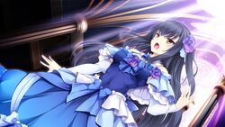  arch black_hair blue_capelet blue_dress capelet church detached_sleeves dress dutch_angle female floating_hair flower from_below game_cg hair_flower hair_ornament highres long_dress long_hair long_sleeves official_art open_mouth otome_ga_musubu_tsukiyo_no_kirameki purple_flower purple_rose rose shijou_ran solo standing very_long_hair white_sleeves yellow_eyes 