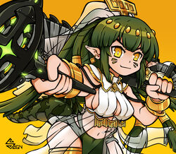  ambience_synesthesia arknights armlet armpits artist_logo artist_name bracelet breasts chainsaw cleavage crocodile_girl crocodilian_tail cut_bangs dreadlocks earrings egyptian egyptian_clothes female gavial_(arknights) green_hair highres holding holding_chainsaw holding_weapon jewelry long_hair looking_at_viewer midriff official_alternate_costume official_alternate_hairstyle pelvic_curtain pointy_ears revealing_clothes sideboob sogin solo tail weapon yellow_background yellow_eyes yellow_headwear 