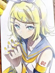  aqua_eyes ascot bare_shoulders blonde_hair closed_mouth collarbone detached_sleeves eyelashes female hair_ornament hairclip half-closed_eyes highres interlocked_fingers kagamine_rin leg_warmers looking_at_viewer looking_to_the_side marker_(medium) number_tattoo own_hands_together pale_skin pato_(ptro) photo_(medium) sailor_collar shirt shoulder_tattoo sideways_glance sleeveless sleeveless_shirt solo tattoo traditional_media vocaloid wide_sleeves yellow_ascot yellow_nails 