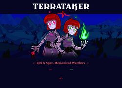  breasts duo english_text entwined_arms eyelashes female fire green_eyes hair helltaker humanoid limehazard looking_at_viewer machine not_furry red_eyes red_hair robot robot_humanoid terraria text the_twins_(terraria) 