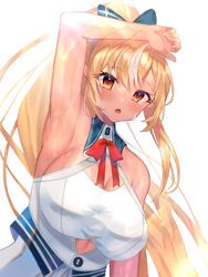  arm_up armpit_focus armpits blonde_hair bow breasts cleavage cleavage_cutout clothing_cutout dark-skinned_female dark_elf dark_skin elf female hair_ribbon hairbow high_ponytail highres hololive long_hair looking_at_viewer multicolored_hair pointy_ears presenting_armpit ribbon shiranui_flare shiranui_flare_(1st_costume) sidelocks sino_rameko solo streaked_hair sweat virtual_youtuber 