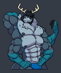  4_arms 4_nipples 4_pecs anthro antlers bulge clothing deer facial_piercing hi_res horn hybrid kangaroo macropod male mammal marsupial multi_arm multi_limb multi_nipple multi_pecs multifur muscular muscular_male new_world_deer nipples nose_piercing nose_ring pecs piercing rackun reindeer ring_piercing solo standing underwear 