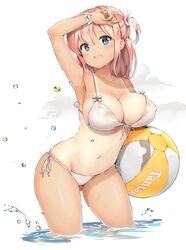  :d arm_up armpits ass_visible_through_thighs aymusk ball bare_arms bare_shoulders beachball bikini blue_eyes blush breasts cleavage collarbone commentary_request covered_nipples female flower flower_bracelet front-tie_bikini_top front-tie_top groin hair_flower hair_ornament highres holding large_breasts long_hair looking_at_viewer nail_polish navel one-piece_tan one_side_up open_mouth original pink_hair side-tie_bikini_bottom sidelocks smile solo string_bikini swimsuit tan tanlines wading water wet white_bikini white_flower 