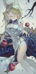  alternate_costume animal_ears apple arknights blonde_hair blush braid breasts china_dress chinese_clothes cleavage cleavage_cutout clothing_cutout coin_hair_ornament commentary crown_braid dress english_commentary feet_out_of_frame female food fruit grey_background hair_ornament hand_on_own_hip highres kroos_(arknights) kroos_the_keen_glint_(along_the_corridor)_(arknights) kroos_the_keen_glint_(arknights) large_breasts official_alternate_costume rabbit_ears rabbit_girl shounibyou_(shonibyodayo) side_slit simple_background solo white_dress 