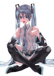  aqua_nails bad_id bad_twitter_id bare_shoulders black_necktie black_skirt black_sleeves black_thighhighs blue_eyes blue_hair boots commentary crossed_legs detached_sleeves ekitabu_hosii female grey_shirt hair_ornament hatsune_miku highres holding holding_clothes holding_shirt long_hair looking_at_viewer miniskirt nail_polish necktie open_mouth panties pantyshot pleated_skirt shirt shoulder_tattoo sitting skirt sleeveless sleeveless_shirt solo striped_clothes striped_panties sweat sweatdrop tattoo thigh_boots thighhighs twintails underwear very_long_hair vocaloid white_background 