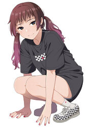  bad_id bad_pixiv_id black_shirt blue_shorts blush brown_eyes brown_hair checkered_footwear checkered_shoes closed_mouth commentary_request female full_body long_hair long_shirt looking_at_viewer mattaku_mousuke nail_polish original partial_commentary red_nails ribbed_legwear shirt shoes short_shorts short_sleeves shorts simple_background socks solo squatting twintails twitter_username watermark white_background white_socks 