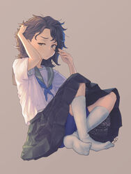  black_eyes black_hair blush female grey_background hand_in_own_hair highres jimiko long_hair looking_at_viewer messy_hair no_shoes original pleated_skirt school_uniform serafuku shorts shorts_under_skirt simple_background skirt socks solo summer_uniform tessaku_ro white_socks 