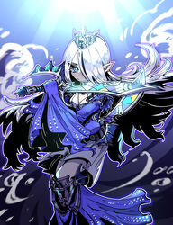  ankle_fins blue_eyes closed_mouth detached_sleeves dual_wielding duel_monster female fins geonbanmaen glint head_fins highres holding holding_sword holding_weapon leg_up light_rays long_sleeves looking_at_viewer pale_skin sleeves_past_wrists solo sword tearlaments_havnis tiara underwater weapon yu-gi-oh! 