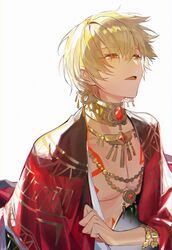  1boy blonde_hair bracelet earrings fate/extella fate/extella_link fate/extra fate/extra_ccc fate/grand_order fate/hollow_ataraxia fate/stay_night fate/strange_fake fate/zero fate_(series) gilgamesh_(fate) gilgamesh_(sumerian_garb)_(fate) highres jewelry k7_(kk7_000) long_sleeves looking_away looking_up male_focus necklace official_alternate_costume open_mouth red_eyes short_hair simple_background solo tattoo toned toned_male upper_body white_background 