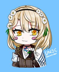  :3 armband black_gloves blonde_hair blue_background blush_stickers breasts cape choker commentary_request cropped_torso female flower girls&#039;_frontline gloves hair_between_eyes hair_flower hair_ornament hairband hexagram holding holding_flower israeli_flag korean_commentary long_hair looking_at_viewer rifnets_(dtiko) sidelocks simple_background smile smug solo star_of_david upper_body x95_(girls&#039;_frontline) yellow_eyes 