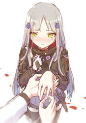  alithea_jane bangs black_legwear blunt_bangs blur blurry blush cross_hair_ornament depth_of_field facial_mark female girls_frontline gloves green_eyes hair_ornament hand_on_own_chest hand_up hk416_(girls_frontline) holding holding_ring jacket jewelry long_hair long_sleeves military_jacket nose_blush outstretched_arm parted_lips petals plaid plaid_skirt putting_on_jewelry ring sidelocks silver_hair simple_background skirt solo_focus standing teardrop thighhighs very_long_hair wavy_mouth wedding_band white_background white_gloves 