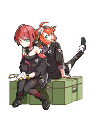  2girls ahoge back-to-back bare_shoulders black_footwear boots breasts cleaning cleaning_weapon commission girls&#039;_frontline goggles goggles_around_neck goggles_on_head green_eyes gun highres hood hood_down hooded_jacket jacket leg_up looking_at_viewer looking_back medium_hair mpk_(girls&#039;_frontline) mpl_(girls&#039;_frontline) multiple_girls myon2 off_shoulder open_mouth pantyhose red_hair siblings simple_background sisters sitting skeb_commission small_breasts smile submachine_gun walther_mp weapon white_background 