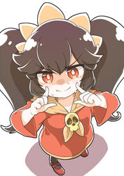  absurdres ashley_(warioware) big_hair black_hair dress female fingers_to_cheeks forced_smile hairband highres long_hair looking_at_viewer merugamu_melgum orange_hairband pantyhose red_dress red_eyes red_footwear sailor_collar skull solo sweat tiara twintails very_long_hair warioware white_background wide_sleeves yellow_sailor_collar 