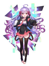  :d ahoge barefoot black_gloves black_jacket black_sailor_collar black_thighhighs blush breasts collarbone collared_shirt commentary_request curly_hair feet female fingerless_gloves floating_hair full_body gloves hair_between_eyes hair_ribbon hand_on_own_chest highres indie_virtual_youtuber jacket kt._(kaisou-notagui) long_hair long_sleeves looking_at_viewer medium_breasts miniskirt nail_polish necktie open_clothes open_jacket open_mouth outstretched_arm outstretched_hand pigeon-toed pleated_skirt purple_hair red_eyes red_nails red_necktie red_ribbon red_skirt ribbon sailor_collar sailor_shirt shirt skirt smile solo standing takatsuki_ritsu thighhighs toeless_legwear toenail_polish toenails toes two_side_up very_long_hair virtual_youtuber white_background white_shirt zettai_ryouiki 