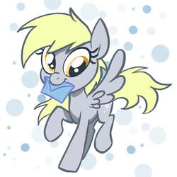  blonde_hair cutie_mark derpy_hooves digital_media_(artwork) equid equine eyelashes female feral friendship_is_magic grey_body hair hasbro hi_res letter mammal mouth_hold my_little_pony pegasus pfeffaroo smile solo wings yellow_tail 