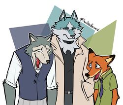  2020 anthro beastars blue_body blue_fur brand_new_animal canid canine canis clothed clothing crossover disney fox fur green_clothing green_shirt green_topwear grey_body grey_fur group hand_in_pocket laugh laughing_wolves_meme legoshi_(beastars) limehazard male mammal meme necktie nick_wilde open_mouth orange_body orange_fur pockets red_fox shirou_ogami shirt simple_background studio_trigger topwear true_fox unimpressed white_background wolf zootopia 