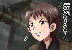  brown_eyes brown_hair brown_jacket commentary eighth_note female freckles girls_und_panzer grin highres jacket looking_to_the_side musical_note naomi_(girls_und_panzer) omachi_(slabco) portrait saunders_military_uniform scope short_hair smile solo tank_interior translated v-shaped_eyebrows very_short_hair 