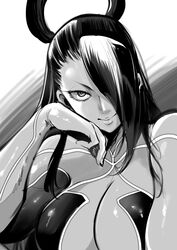  asymmetrical_bangs breasts cleavage commentary_request eyelashes female female_seth_(street_fighter) greyscale hair_over_one_eye halo head_rest large_breasts long_hair marimo_(yousei_ranbu) metal_skin monochrome single_hair_ring smile solo street_fighter street_fighter_v upper_body 