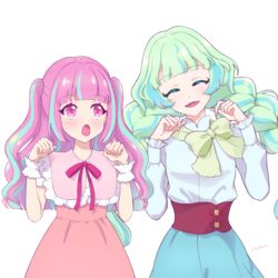  2girls :d :o ^_^ aikatsu!_(series) aikatsu_planet! ann_(aikatsu_planet!) artist_name blue_hair blue_skirt blunt_bangs blush bow bowtie braid cat_day chisaca closed_eyes colored_eyelashes commentary_request dress facing_viewer gem_(symbol) green_bow green_bowtie green_hair hands_up high-waist_skirt highres kurimu_ann long_hair looking_at_another loose_bowtie multicolored_eyes multicolored_hair multiple_girls neck_ribbon open_mouth paw_pose pink_dress pink_eyes pink_hair pink_ribbon purple_eyes q-pit red_ribbon ribbon shirt simple_background skirt smile streaked_hair tsukishiro_ayumi twin_braids twintails two_side_up upper_body very_long_hair white_background white_shirt wrist_cuffs 