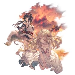  2girls ahoge arrow_(projectile) black_gloves black_hair blonde_hair blue_eyes bow_(weapon) breasts cropped_legs detached_sleeves dress dress_tug floating_hair gloves granblue_fantasy hair_ornament hand_on_own_chest mika_(granblue_fantasy) minaba_hideo multiple_girls official_art pants ponytail quiver red_eyes shirt shitori_(granblue_fantasy) sleeveless sleeveless_dress small_breasts transparent_background weapon white_dress 