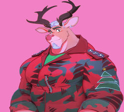  aardman_animations alternate_species antlers arthur_christmas clothed clothing deer ear_piercing ear_ring fully_clothed fur hair hi_res horn looking_at_viewer male mammal muscular new_world_deer piercing pink_background red_nose reindeer ring_piercing simple_background solo steve_claus tan_body tan_fur uleezoo white_hair 