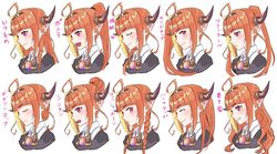  ahoge alternate_hairstyle black_hairband blonde_hair braid closed_eyes closed_mouth commentary dragon_girl dragon_horns fang_out female hair_behind_ear hair_bun hairband hololive horns kiryu_coco kiryu_coco_(1st_costume) kyou_fumei looking_ahead looking_to_the_side multicolored_hair multiple_views oerba_yun_fang open_mouth orange_hair pointy_ears ponytail portrait red_eyes side_ponytail simple_background single_hair_bun skin_fang smile streaked_hair translated twin_braids twintails upper_body virtual_youtuber white_background 