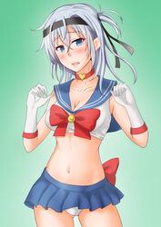  alternate_costume anti_(untea9) bikini bishoujo_senshi_sailor_moon black_headband blue_eyes blue_sailor_collar blue_skirt breasts cleavage commentary_request contrapposto cosplay cowboy_shot female gloves gradient_background green_background grey_hair headband highres kantai_collection long_hair looking_at_viewer magical_girl medium_breasts midriff one_side_up pleated_skirt sailor_collar sailor_moon sailor_moon_(cosplay) sailor_moon_narikiri_bra_set sailor_senshi_uniform skirt solo suzutsuki_(kancolle) swimsuit 