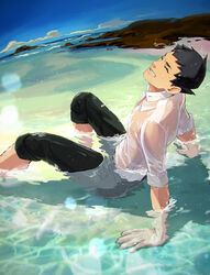  1boy ayu161 black_hair black_pants closed_eyes collared_shirt day dress_shirt foot_out_of_frame grin gyakuten_saiban highres male_focus outdoors pants pants_rolled_up partially_submerged ryunosuke_naruhodo shirt short_hair sleeves_rolled_up smile solo the_great_ace_attorney the_great_ace_attorney:_adventures water wet wet_clothes wet_face wet_shirt white_shirt 