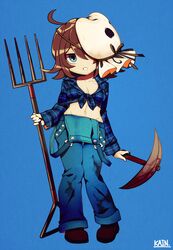  :o ahoge artist_name bishoujo_terror blue_background blue_eyes blue_shirt breasts brown_footwear brown_hair dual_wielding female friday_the_13th genderswap_(mtf) holding holding_weapon horror_(theme) jason_voorhees jason_voorhees_(kotobukiya_bishoujo) kain_(hurghada) kotobukiya kotobukiya_bishoujo large_breasts looking_at_viewer mask mask_over_one_eye navel overalls pickaxe pitchfork rule_63 shirt short_hair signature tied_shirt tomboy weapon 