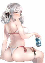  alternate_costume ass bad_id bad_pixiv_id bare_shoulders bikini black_ribbon blush breasts can female girls&#039;_frontline hair_ribbon hakua_mill highres holding holding_can large_breasts long_hair looking_at_viewer official_alternate_costume open_mouth red_eyes ribbon shotgun_shell shoulder_blades side-tie_bikini_bottom simple_background sitting skindentation solo spas-12_(girls&#039;_frontline) spas-12_(midsummer_fruit)_(girls&#039;_frontline) string_bikini swimsuit thigh_strap twintails white_background white_bikini white_hair 